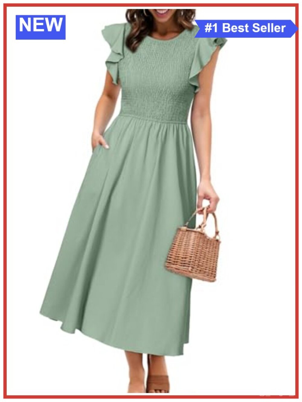 Striped Midi Dress Cotton Viscose Smocked Flutter Sleeve Flowy Casual